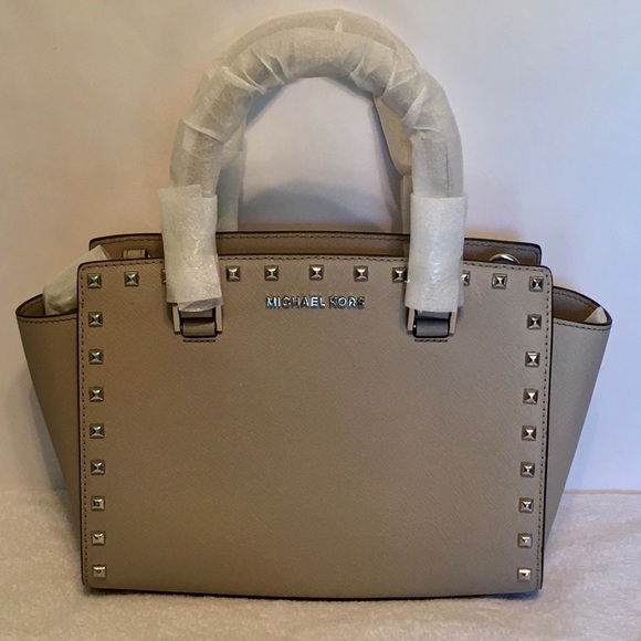 Selma Stud Satchel w/Shoulder Strap, Cement Color, Michael Kors size Medium - Picture 9 of 14